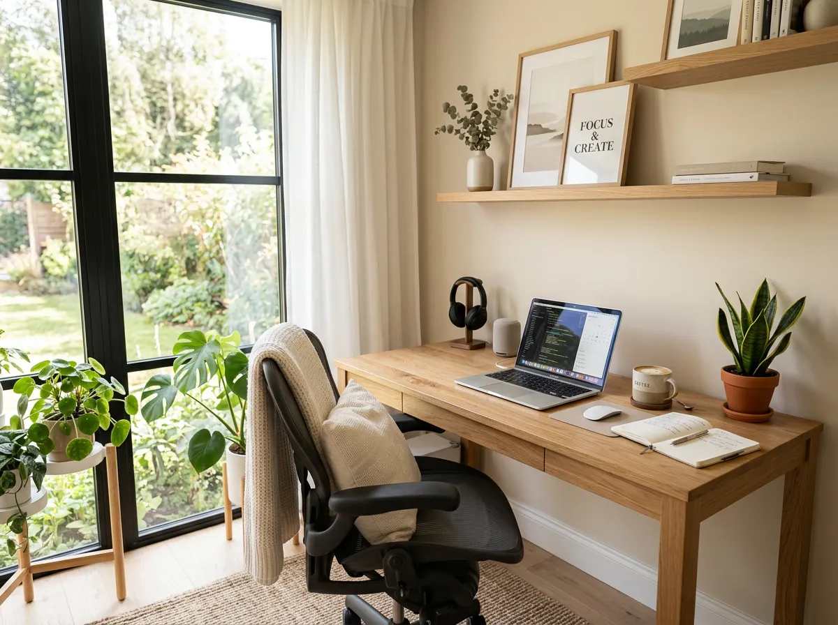 Bright natural light home office setup with wooden desk, indoor plants, laptop, and large window for better focus