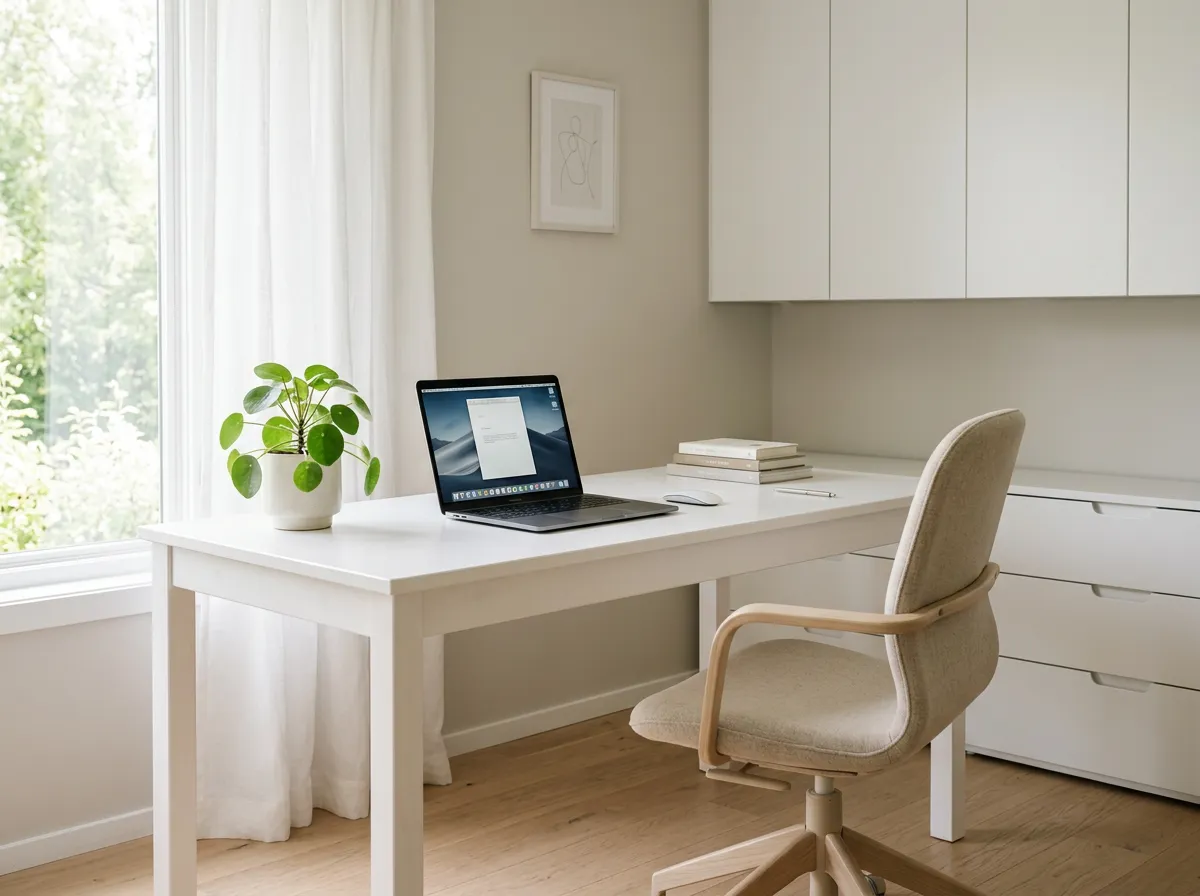Clutter-free home office with clean white desk, comfortable chair, hidden storage, laptop, natural daylight, and minimal decor