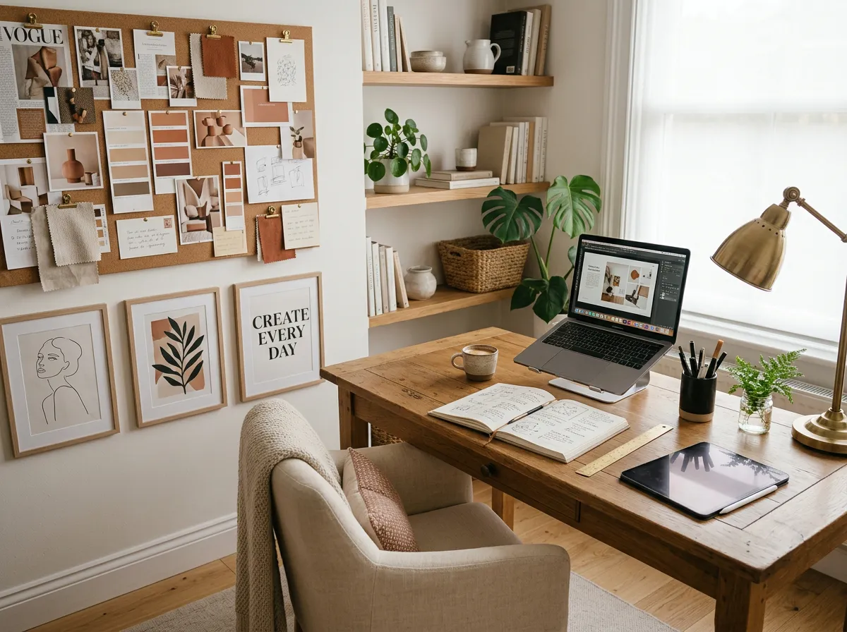 Creative home office setup with wooden desk, laptop, tablet, mood board, warm lamp, and design tools for inspiring ideas