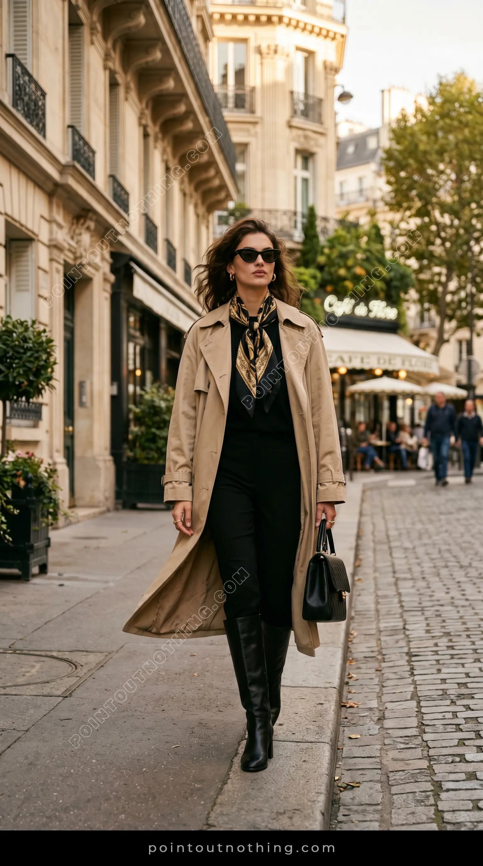 AI fashion model wearing a beige trench coat on a Paris street - variation 1