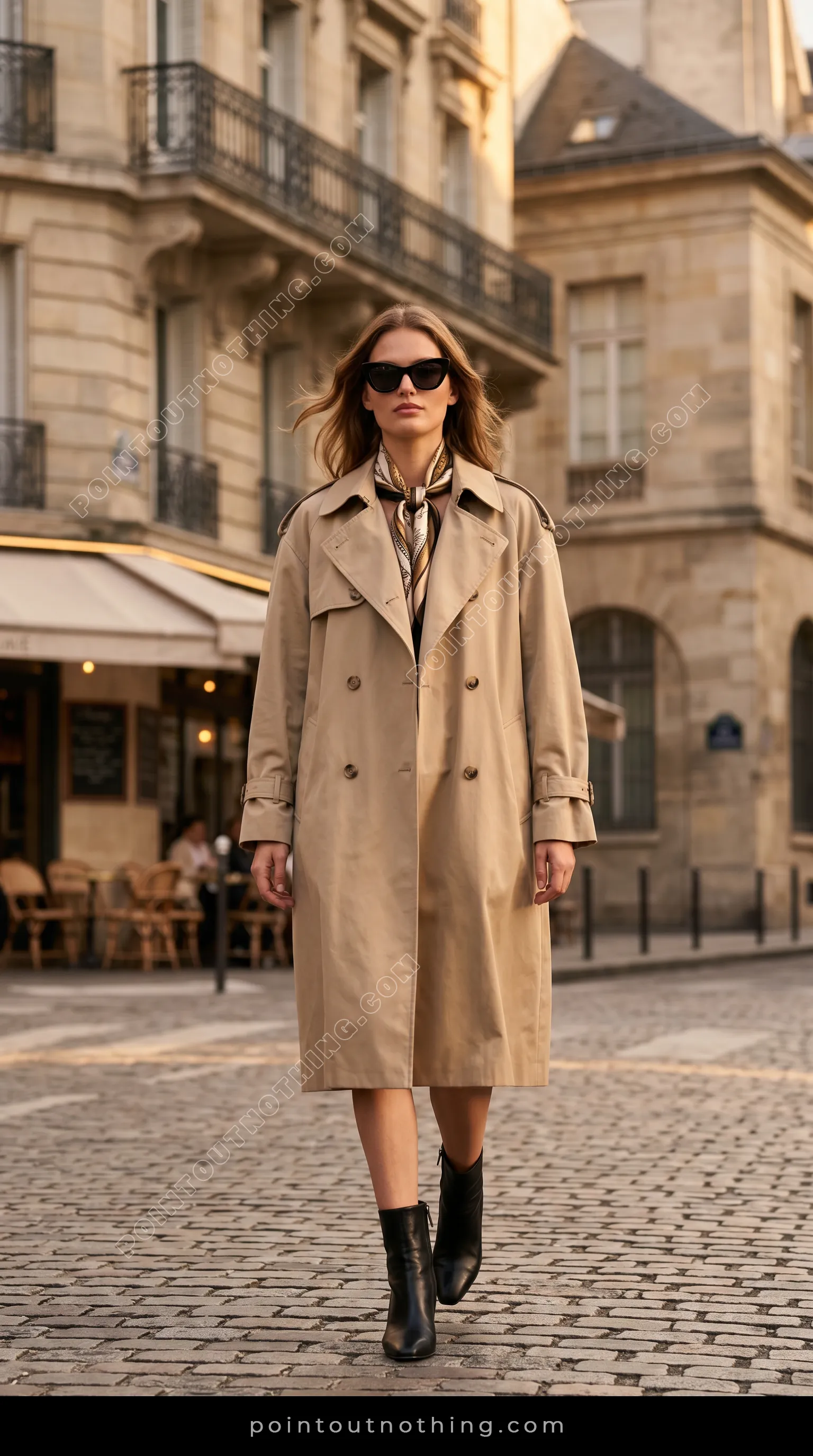 AI fashion model wearing a beige trench coat on a Paris street - variation 2