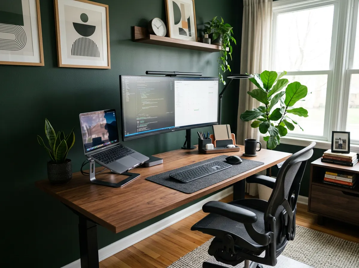 Modern desk setup with large monitor, laptop, ergonomic chair, task lamp, and clean workspace for deep work and productivity