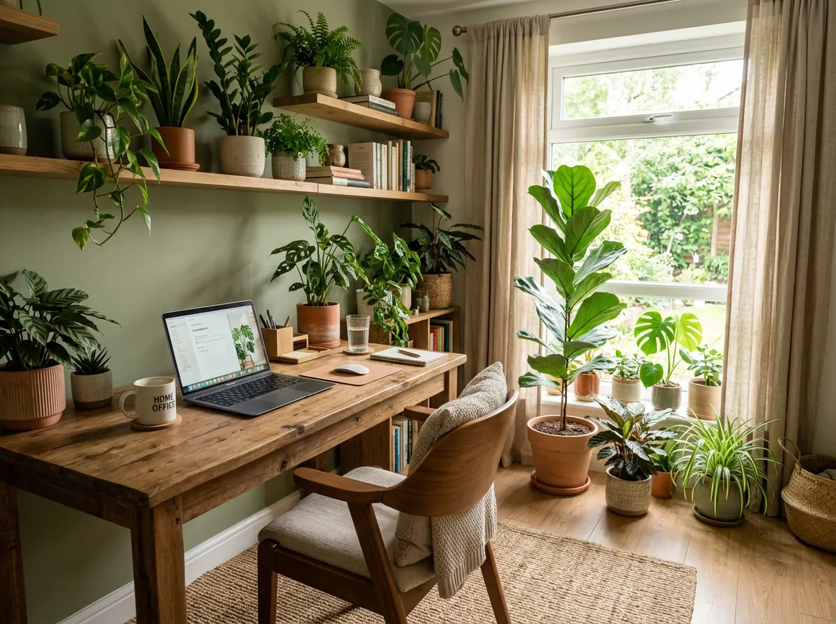 Plant-based home office with wooden desk, indoor greenery, natural light, green wall, and calm workspace setup