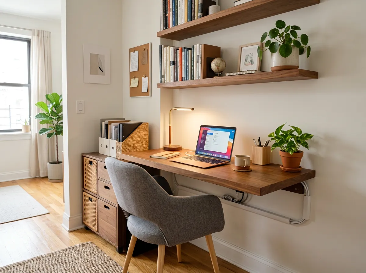 Small home office corner with floating wooden desk, wall shelves, storage cabinet, laptop, plants, and warm desk lighting